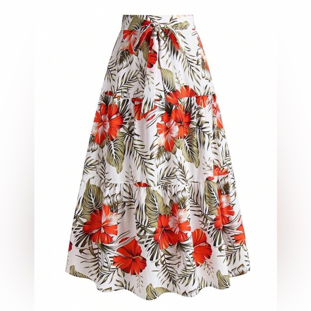 Shein‎ Curve Tropical Floral Maxi Skirt Tiered Ruffle Tie Waist 2XL multicolor